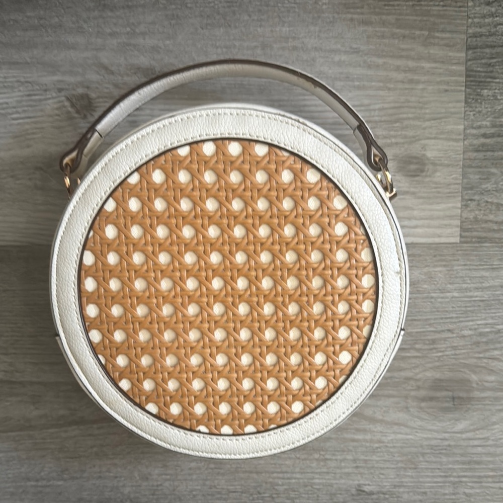 Anne Klein Leather Cream & Tan Woven Crossbody Bag with Top Handle - Picture 9 of 15